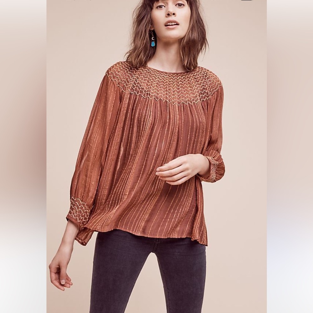 Anthropology Love Sam Flovy Long Sleeve Blouse Top in Burgundy Pink Gold XS